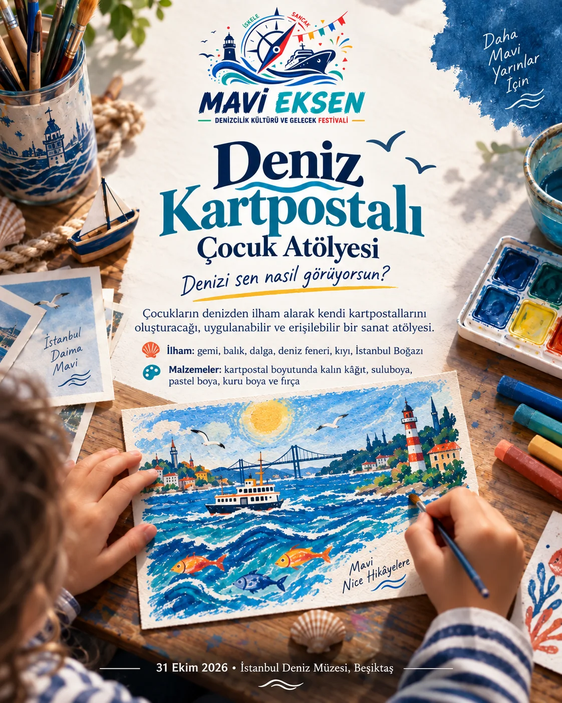 🌊🎨 DENİZ KARTPOSTALI | Çocuk Atölyesi Denizi sen nasıl görüyorsun? Bir gemi, bir balık, dalgalar, bir deniz feneri… Belki de yalnızca senin hayalinde var olan bambaşka bir deniz. ✨ Deniz Kartpostalı Atölyesi’nde çocuklar denizden ilham alacak, renklerini ve hayal güçlerini kullanarak kendi kartpostallarını oluşturacak. Suluboya, pastel boya, kuru boya ve fırçalarla küçük bir kâğıdın üzerinde kocaman bir deniz hikâyesi başlayacak. 💙