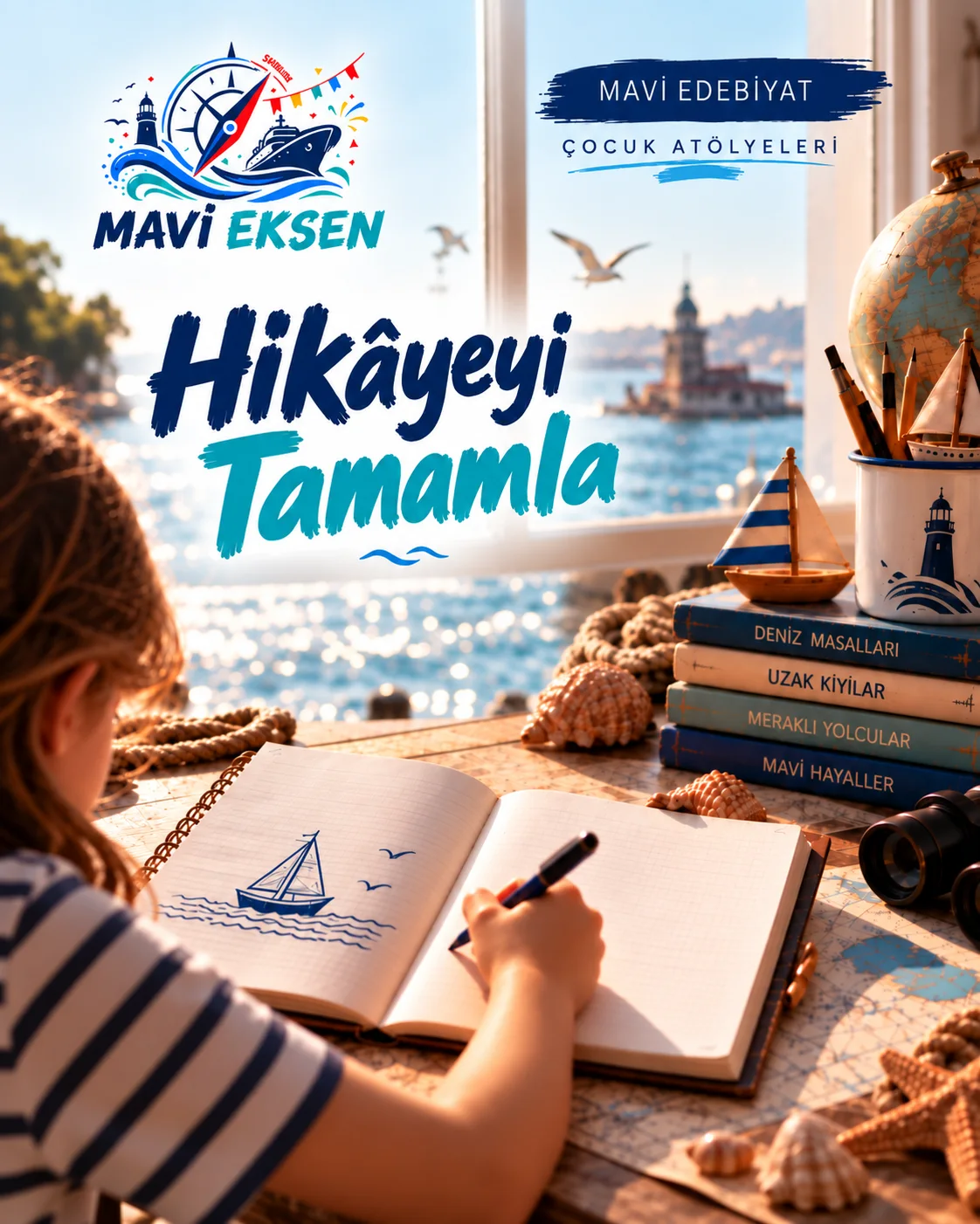 Harita, gemi ve deniz anlatılarını buluşturan temsilî Mavi Edebiyat görseli