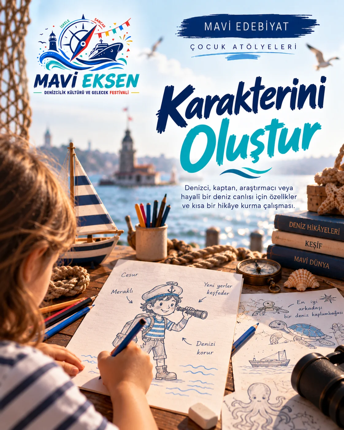 Harita, gemi ve deniz anlatılarını buluşturan temsilî Mavi Edebiyat görseli