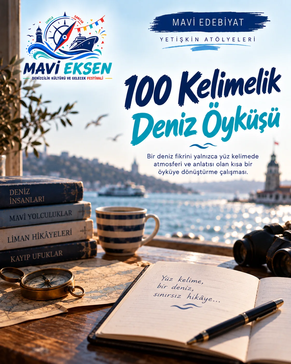Harita, gemi ve deniz anlatılarını buluşturan temsilî Mavi Edebiyat görseli