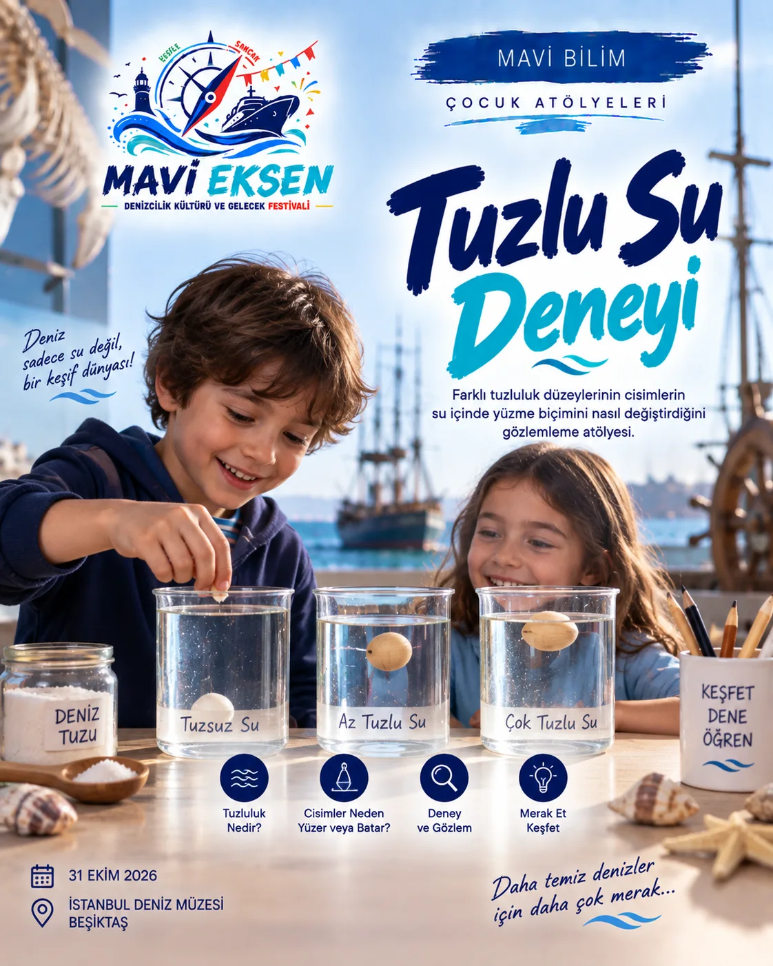 Deniz araştırması ve bilimsel keşfi anlatan temsilî Mavi Bilim görseli