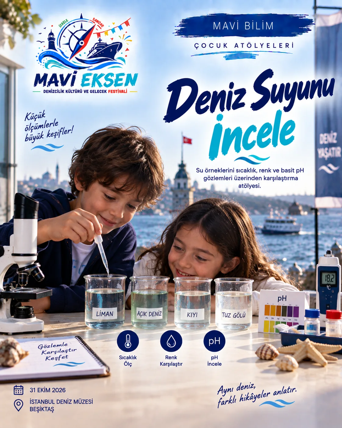 Deniz araştırması ve bilimsel keşfi anlatan temsilî Mavi Bilim görseli