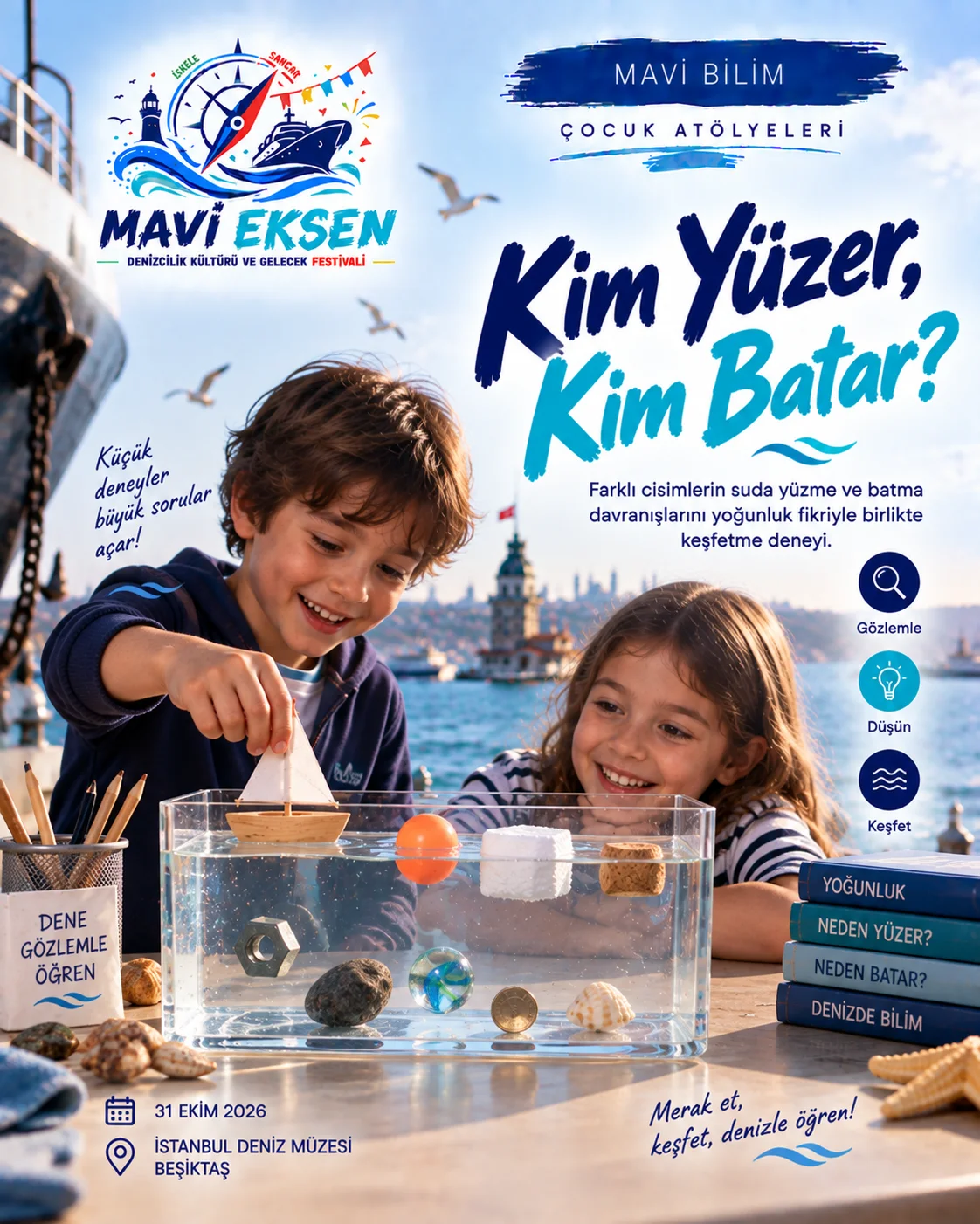 Deniz araştırması ve bilimsel keşfi anlatan temsilî Mavi Bilim görseli