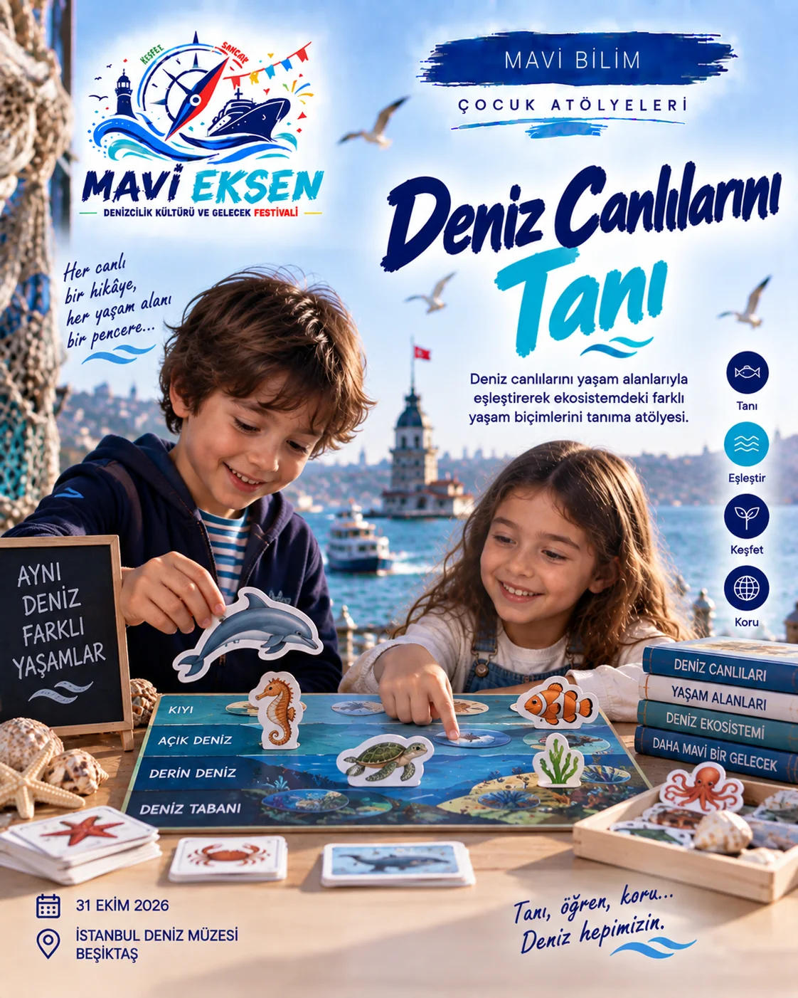 Deniz araştırması ve bilimsel keşfi anlatan temsilî Mavi Bilim görseli