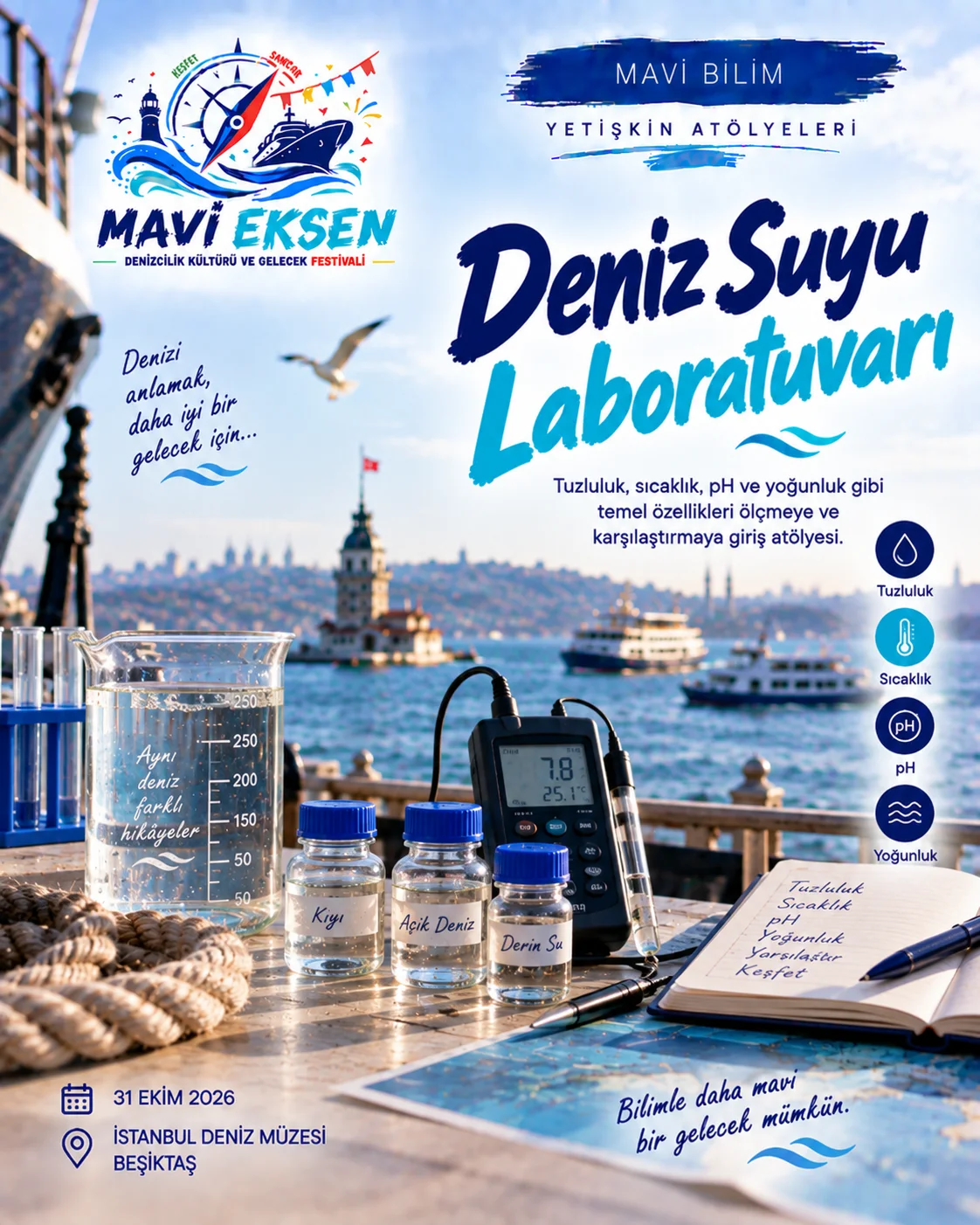Deniz araştırması ve bilimsel keşfi anlatan temsilî Mavi Bilim görseli