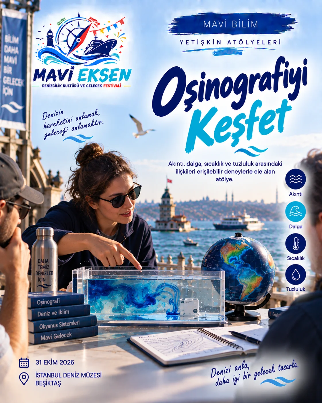 Deniz araştırması ve bilimsel keşfi anlatan temsilî Mavi Bilim görseli