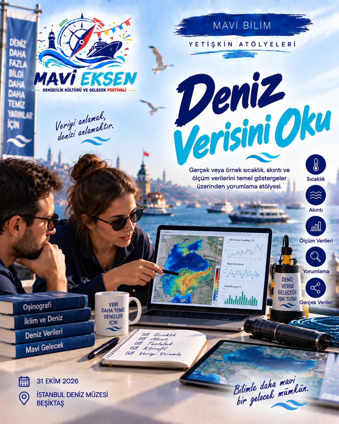 Deniz araştırması ve bilimsel keşfi anlatan temsilî Mavi Bilim görseli