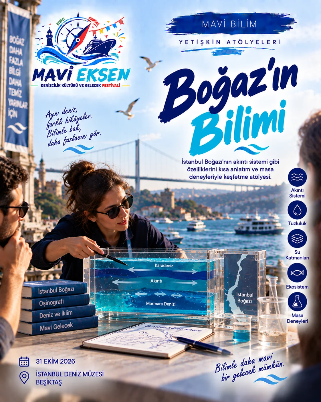 Deniz araştırması ve bilimsel keşfi anlatan temsilî Mavi Bilim görseli
