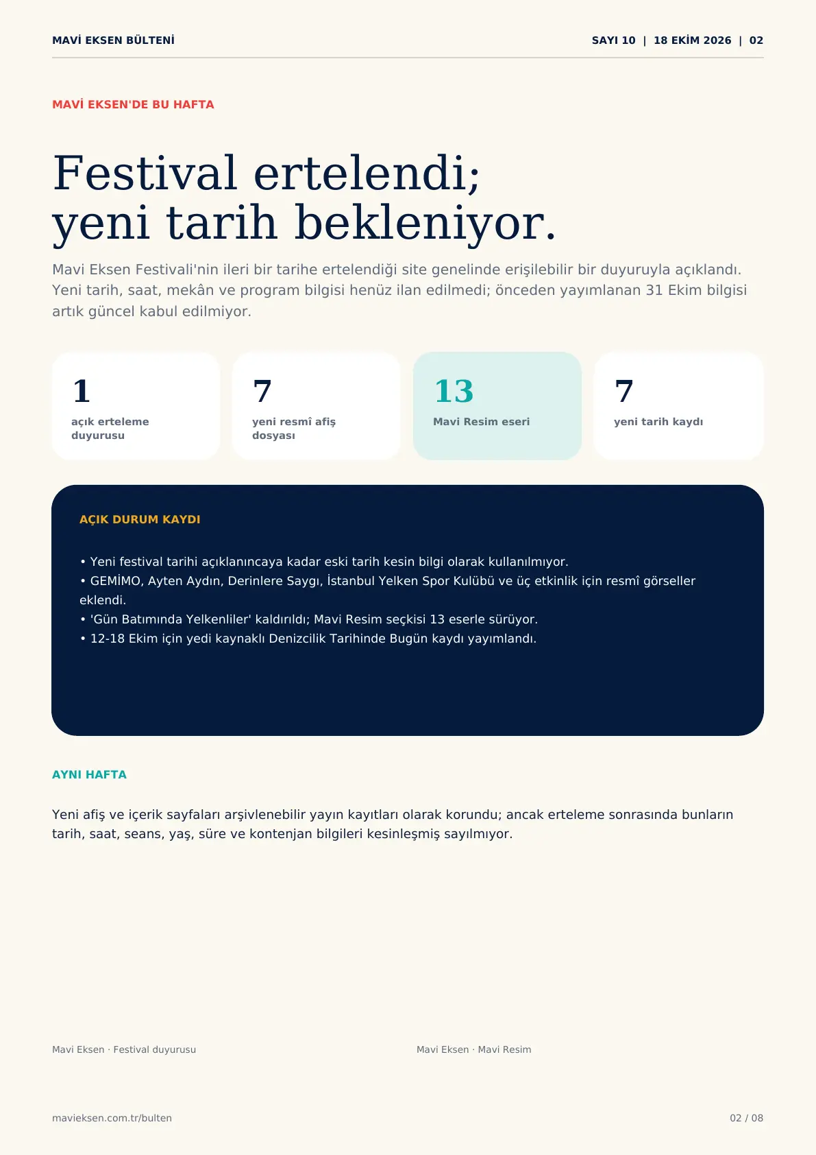 Bülten Sayfa 02: festival erteleme duyurusu, yedi yeni resmî görsel, 13 eserlik Mavi Resim ve yedi tarih kaydı.
