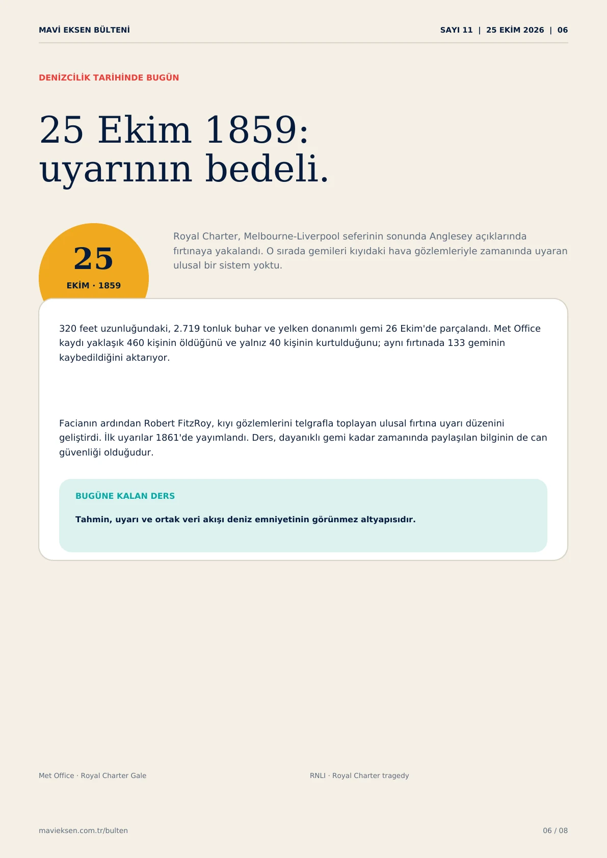 Bülten Sayfa 06: Royal Charter Fırtınası ve ulusal hava uyarı sisteminin doğuşu.