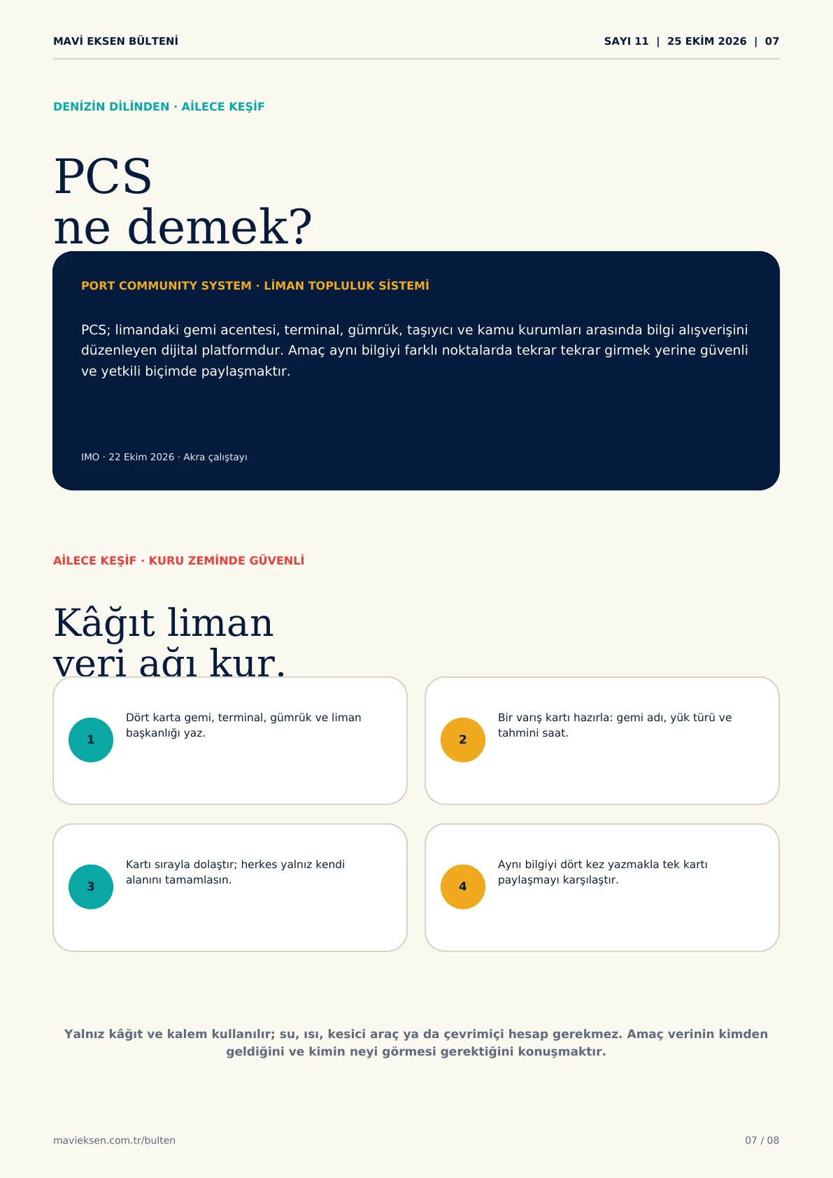Bülten Sayfa 07: Liman Topluluk Sistemi terimi ve kuru zeminde güvenli kâğıt liman veri ağı keşfi.